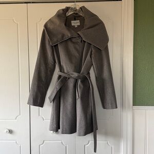 Cole Haan mid-length gray belted zip funnel neck wool blend coat. Size 12